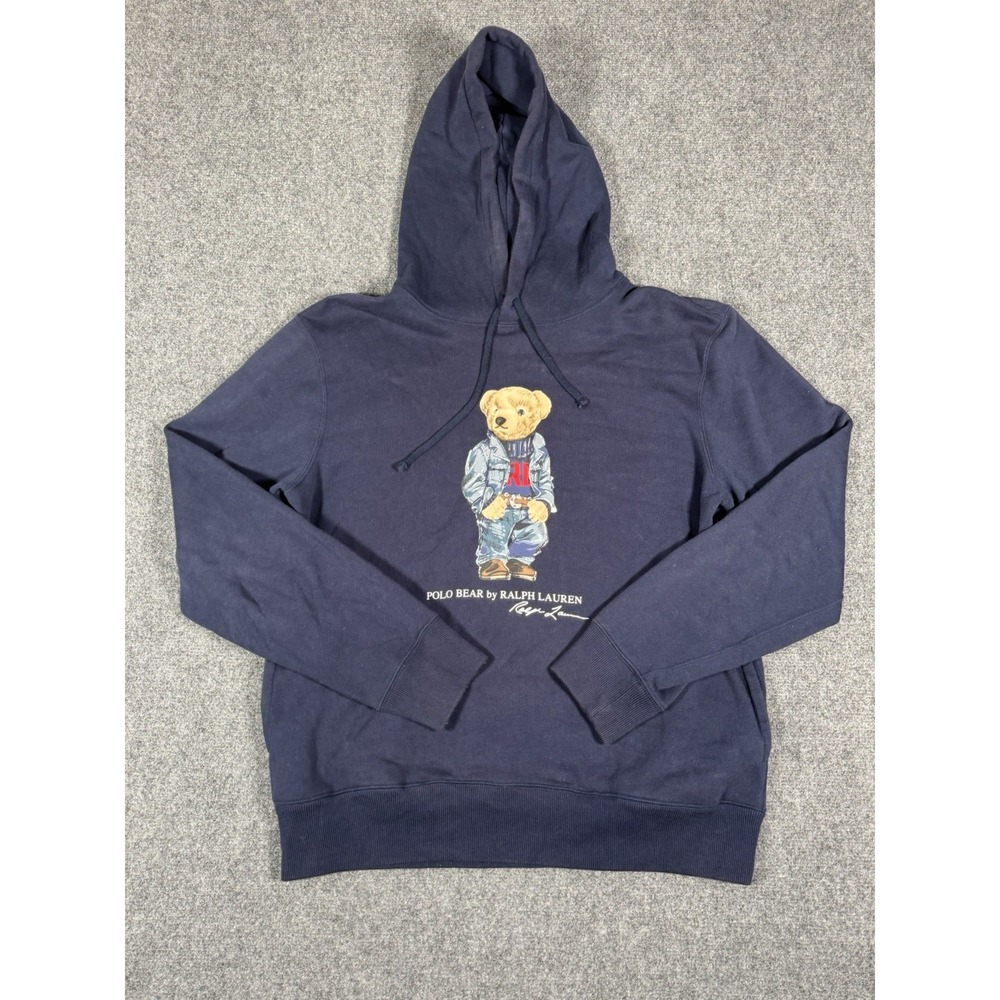 Polo Ralph Lauren Bear Fleece Hoodie Mens Medium‎ Navy Blue Pullover Graphic